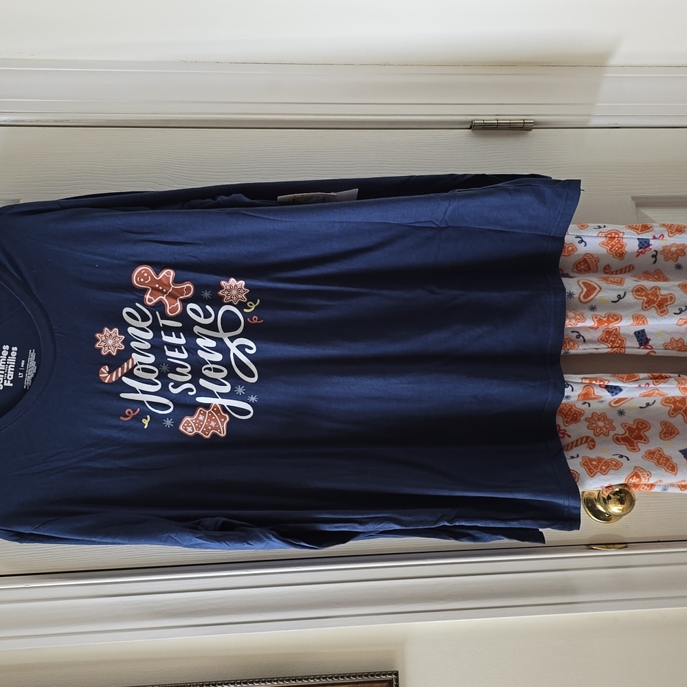 JAMMIES FOR FAMILIES MEN'S BLUE HOLIDAY GINGERBREAD PAJAMAS SIZE LARGE TALL LT
